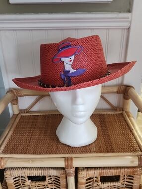 Red Brimmed Woven  Straw Hat
